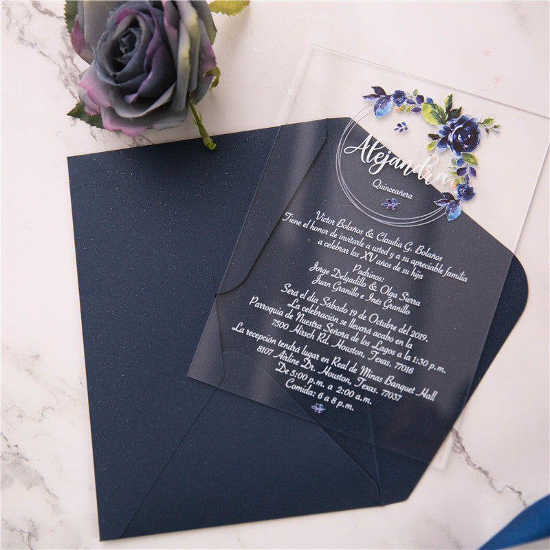 Blue Floral Wreath | Clear Acrylic Wedding Invitation | TWEACR02