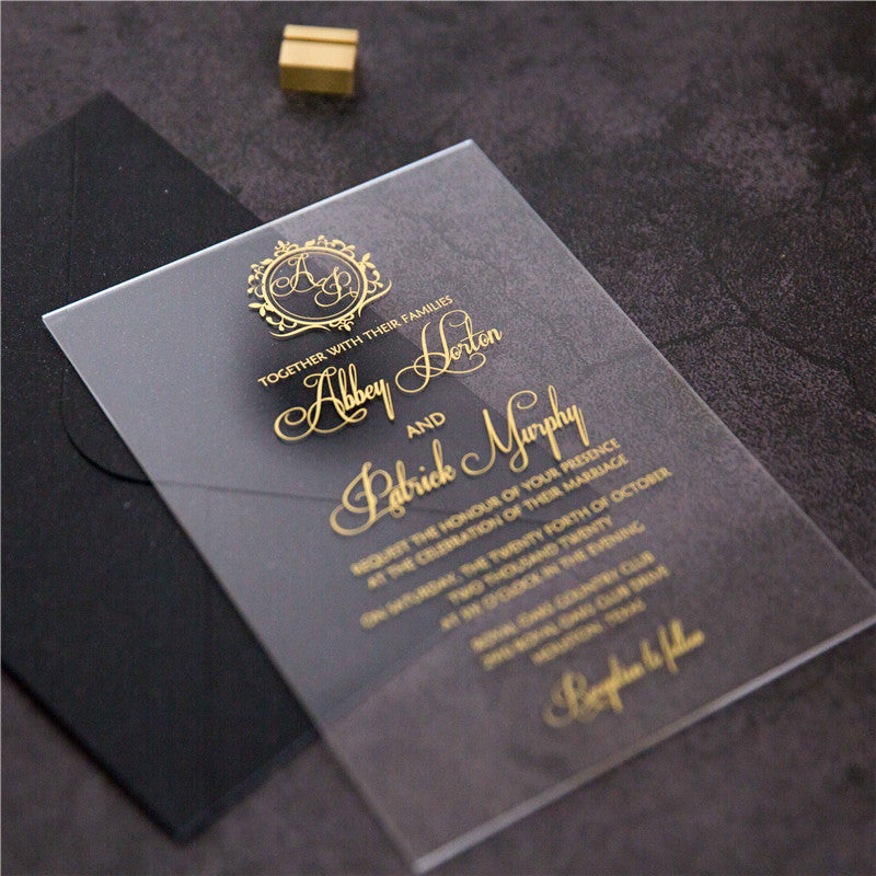 Gold Monogram | Clear Acrylic Wedding Invitation | TWEACR08