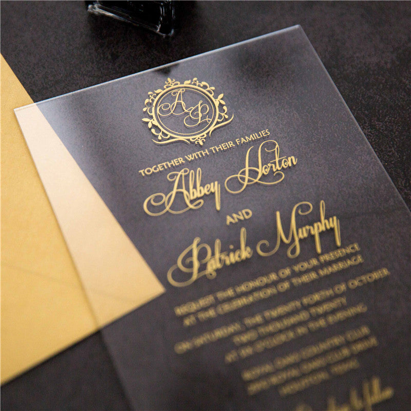 Gold Monogram | Clear Acrylic Wedding Invitation | TWEACR08