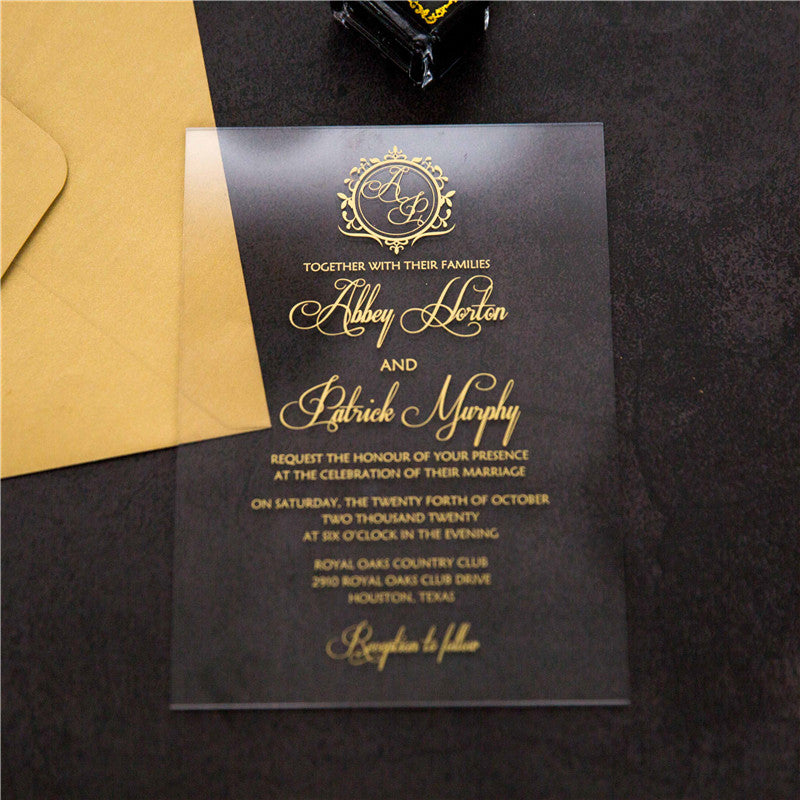 Gold Monogram | Clear Acrylic Wedding Invitation | TWEACR08