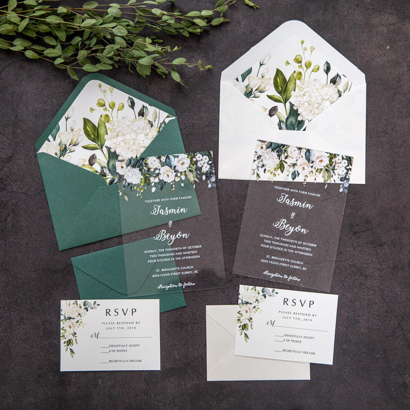 White Floral Greenery | Clear Acrylic Wedding Invitation | TWEACR13