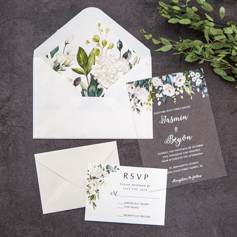 White Floral Greenery | Clear Acrylic Wedding Invitation | TWEACR13