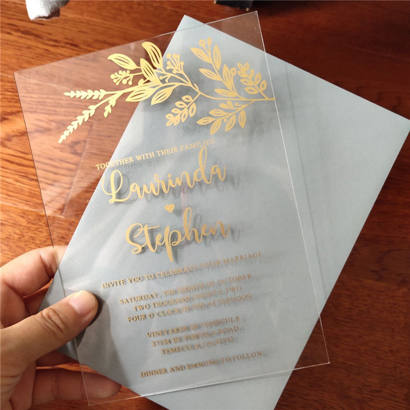 Modern Foliage Calligraphy | Clear Acrylic Wedding Invitation | TWEACR17