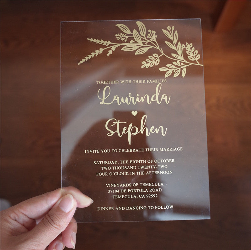 Modern Foliage Calligraphy | Clear Acrylic Wedding Invitation | TWEACR17