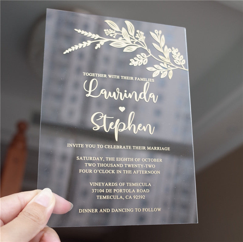 Modern Foliage Calligraphy | Clear Acrylic Wedding Invitation | TWEACR17