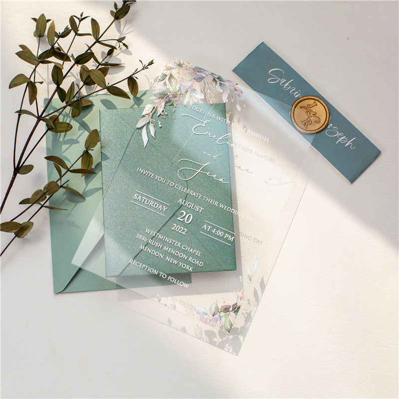 Boho Green Leaves | Clear Acrylic Wedding Invitation | TWEACR19