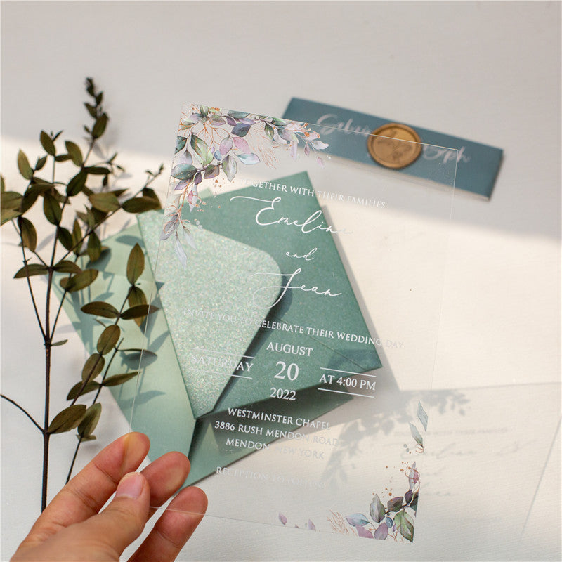 Boho Green Leaves | Clear Acrylic Wedding Invitation | TWEACR19