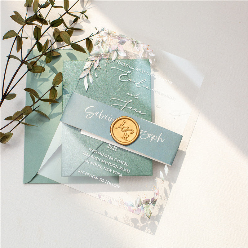 Boho Green Leaves | Clear Acrylic Wedding Invitation | TWEACR19