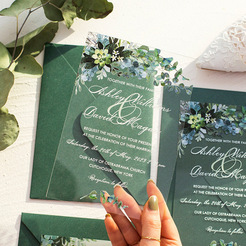 Unique Greenery Eucalyptus | Clear Acrylic Wedding Invitation | TWEACR28