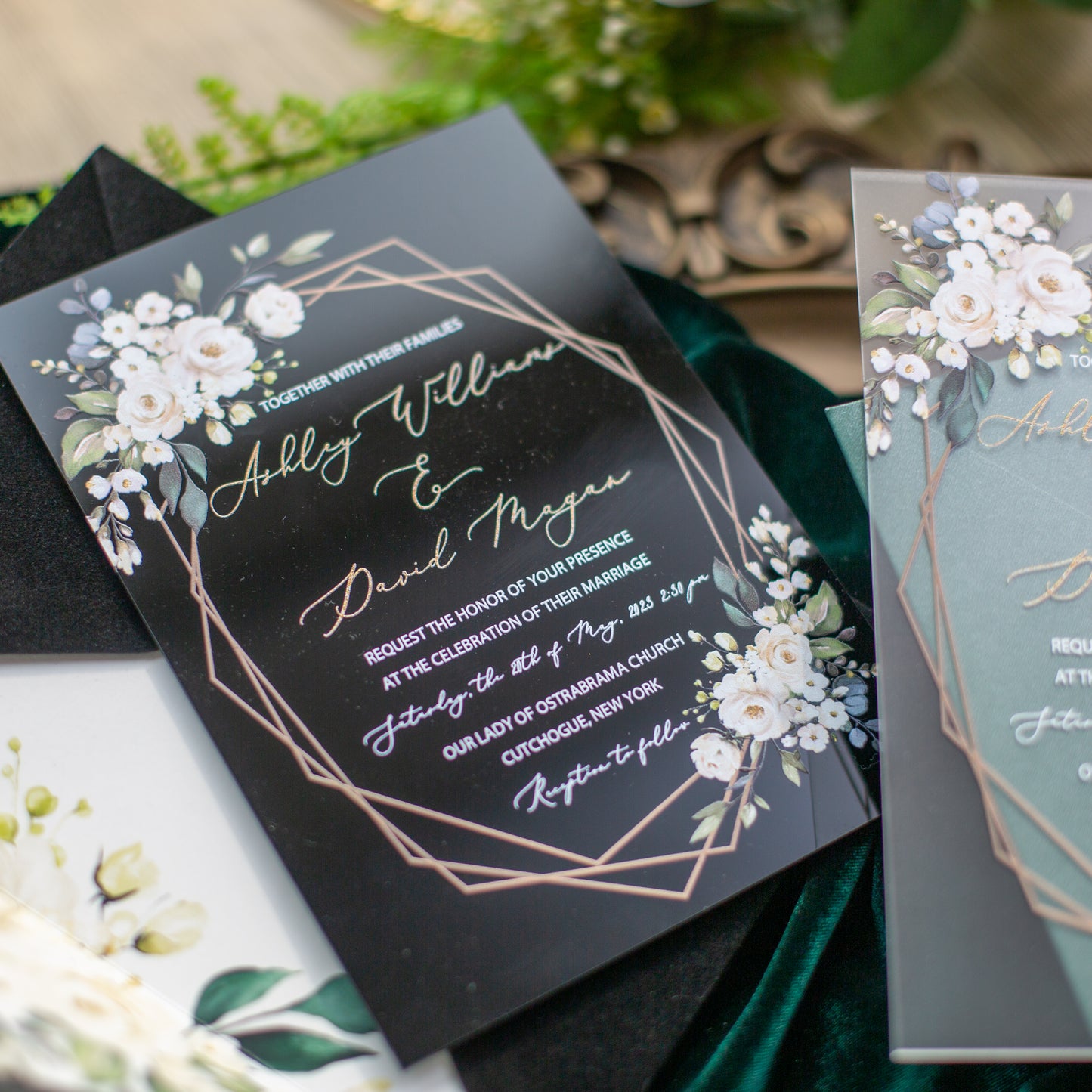 Greenery Geometric Black Acrylic Invitation