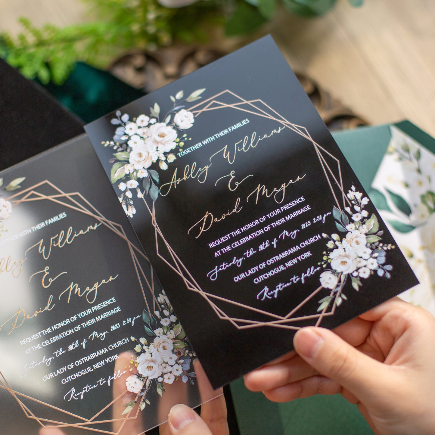 Greenery Geometric Black Acrylic Invitation