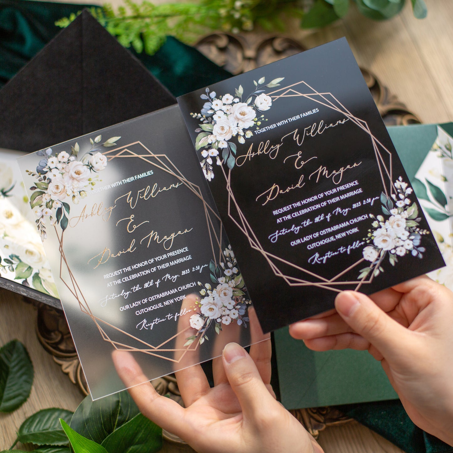 Greenery Geometric Black Acrylic Invitation