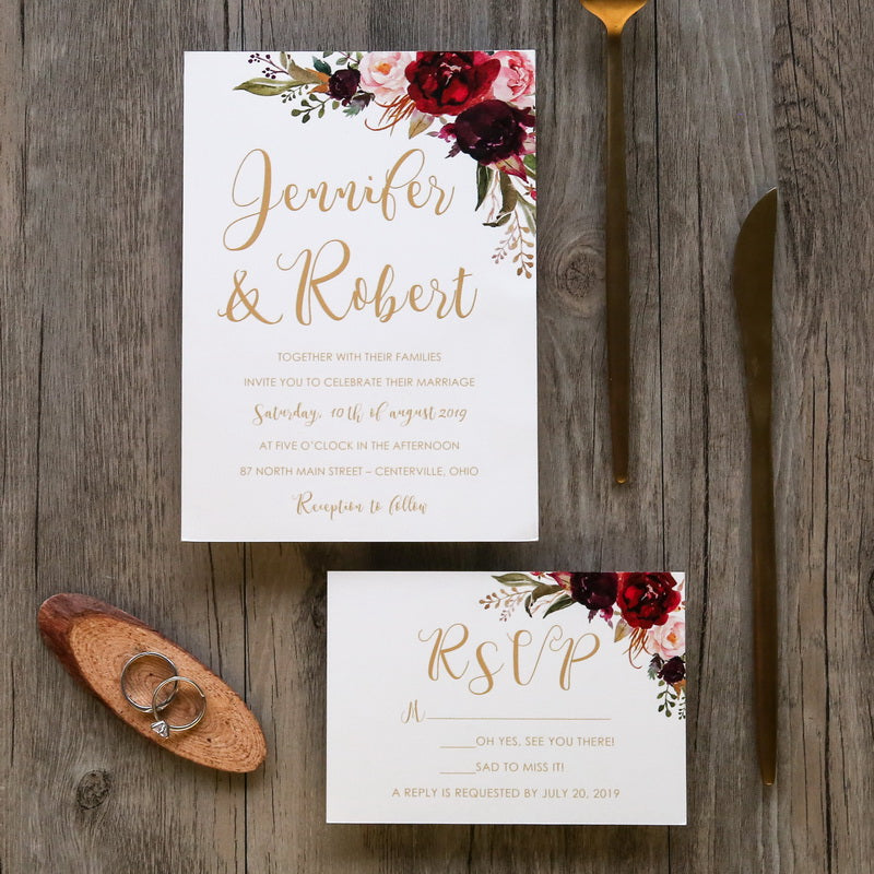 Burgundy Floral Flat Vellum Invitation