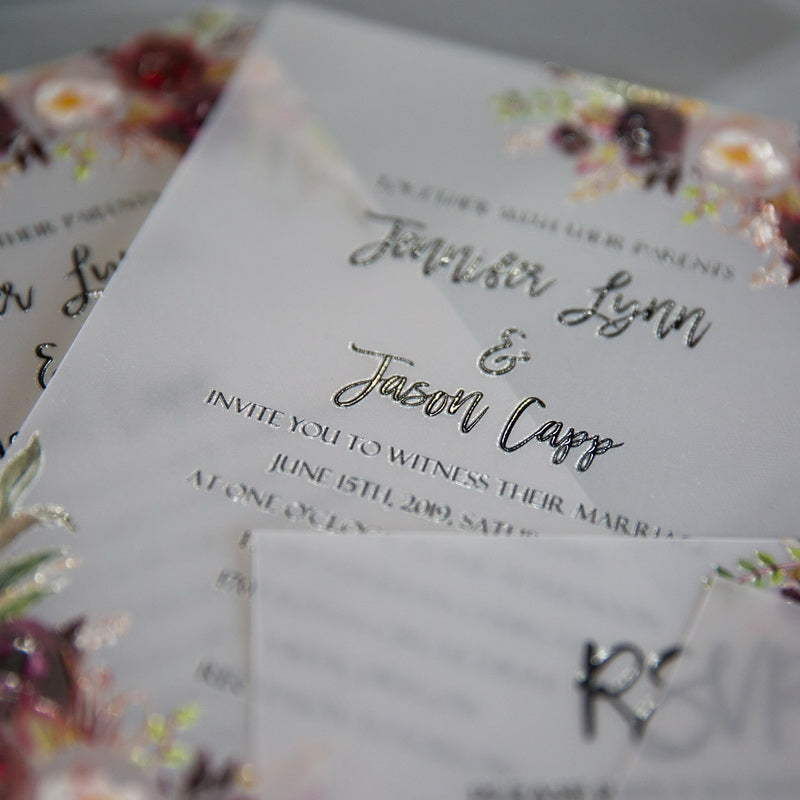 Burgundy Floral Deluxe Flat Vellum Invitation