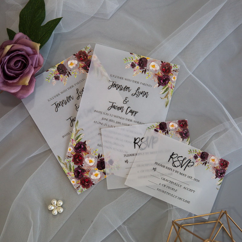 Burgundy Floral Deluxe Flat Vellum Invitation