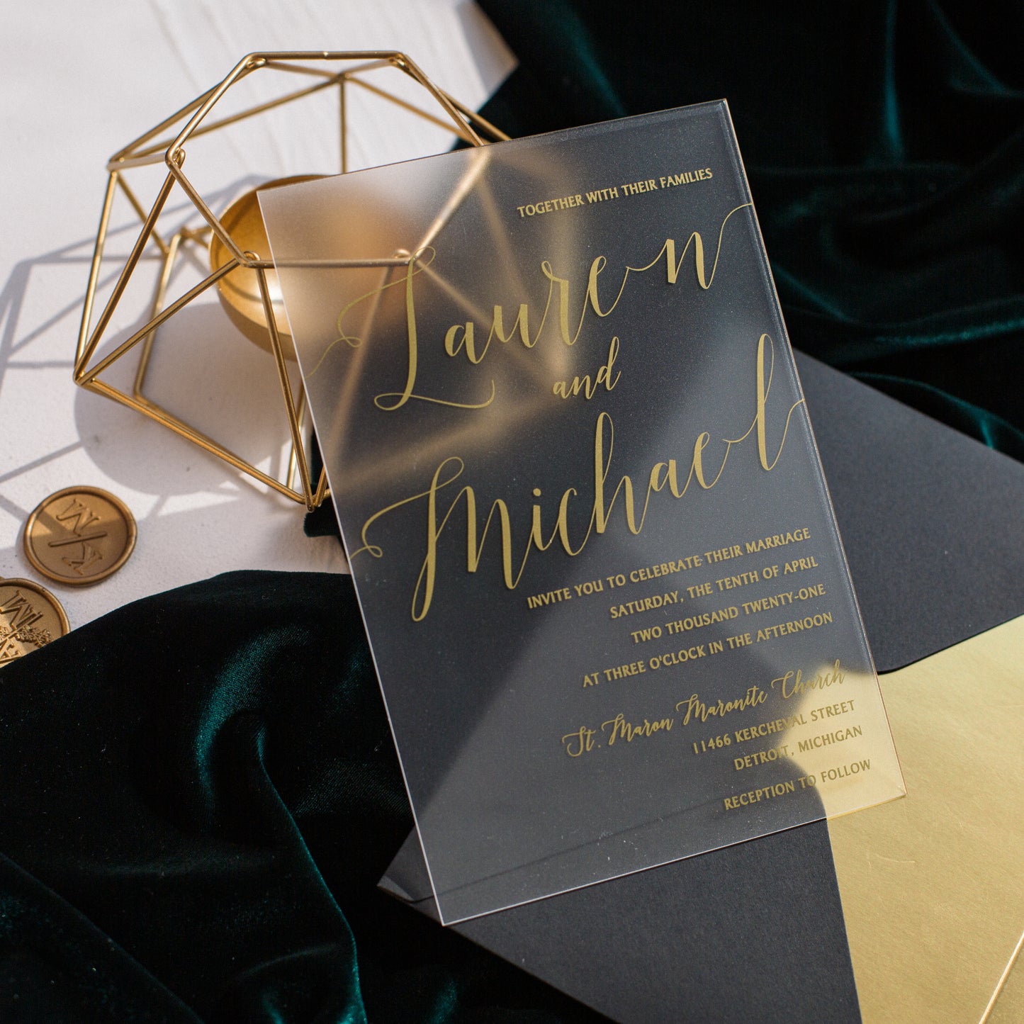 Modern Luxury Gold Calligraphy Frosted Acrylic Invitation