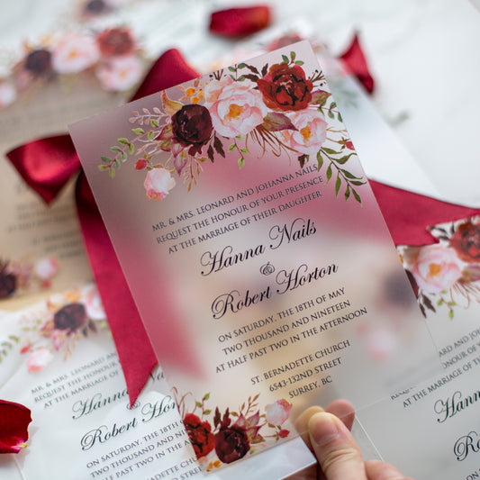 Romantic Floral Burgundy Frosted Acrylic Invitation