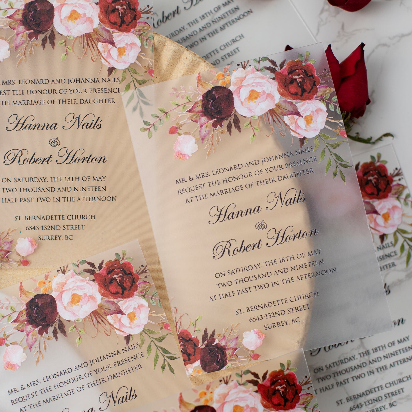 Romantic Floral Burgundy Frosted Acrylic Invitation