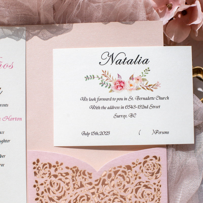 Rose Design Pink Pocket Velvet Invitation