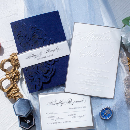 Classic Lace Navy Pocket Velvet Invitation