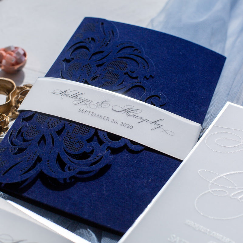 Classic Lace Navy Pocket Velvet Invitation