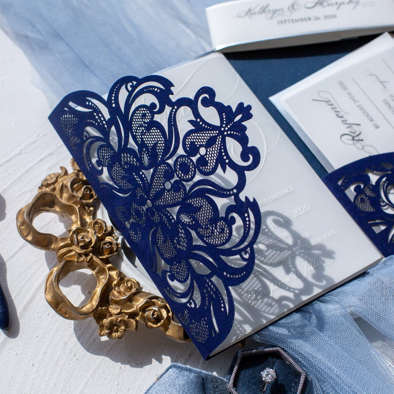 Classic Lace Navy Pocket Velvet Invitation