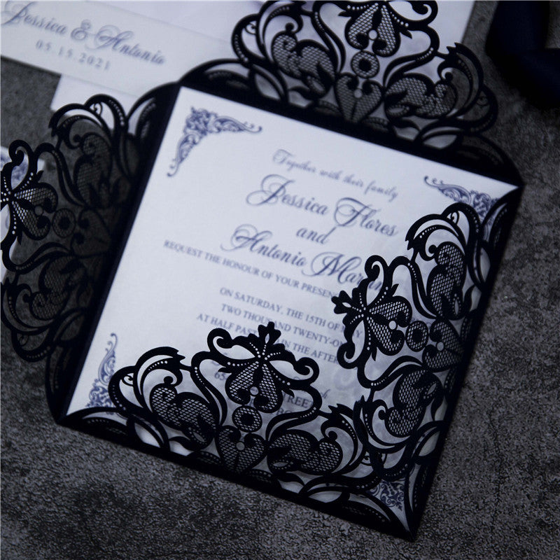 Navy Blue Floral Laser Cut Invitation (Ready 2 GO Set)