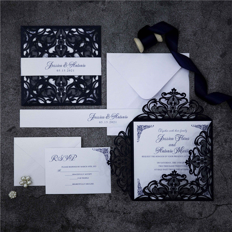 Navy Blue Floral Laser Cut Invitation (Ready 2 GO Set)