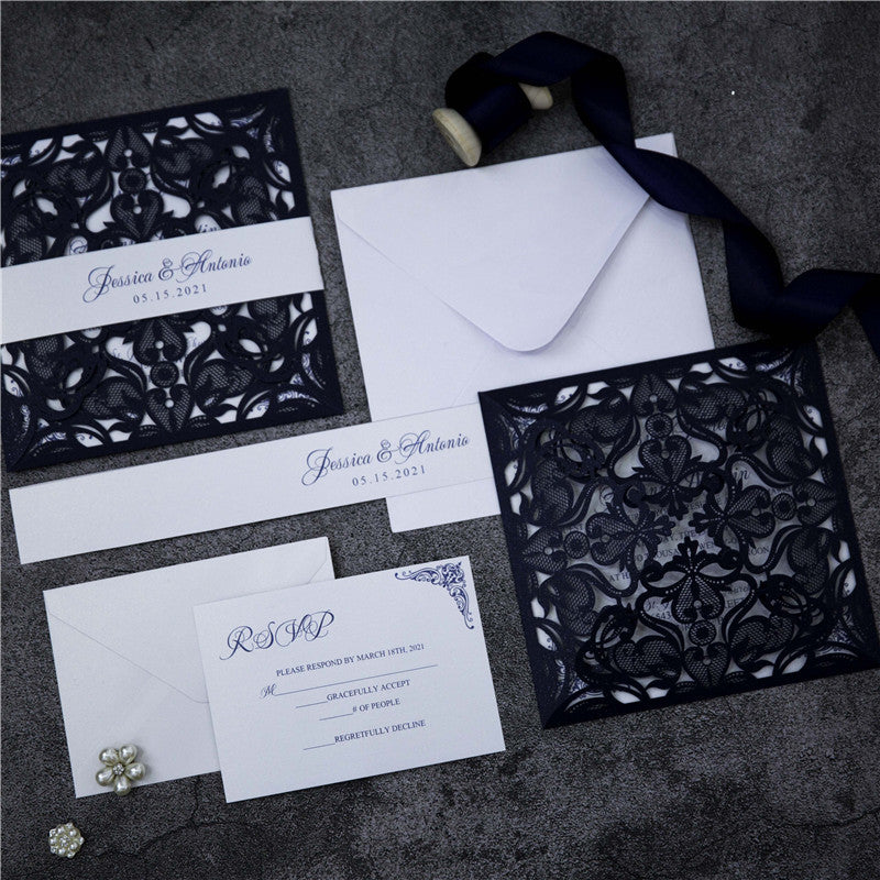 Navy Blue Floral Laser Cut Invitation (Ready 2 GO Set)