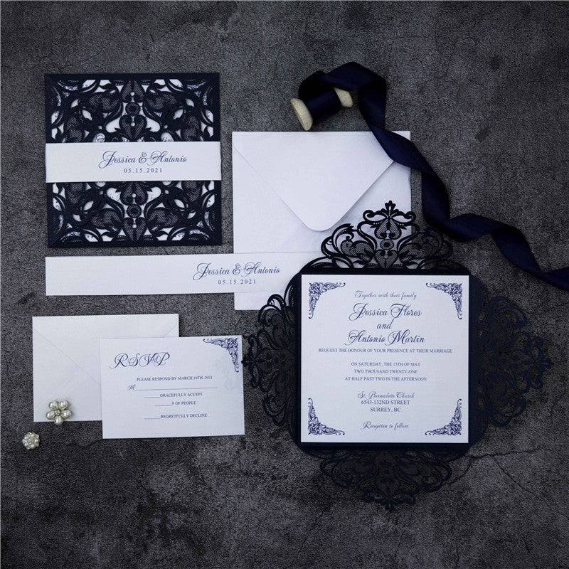 Navy Blue Floral Laser Cut Invitation (Ready 2 GO Set)