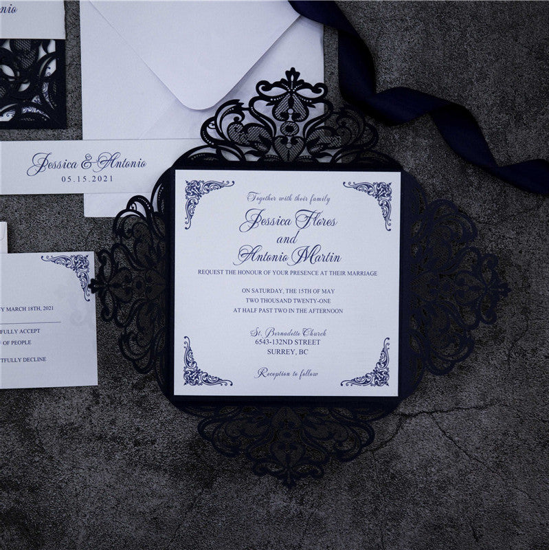 Navy Blue Floral Laser Cut Invitation (Ready 2 GO Set)