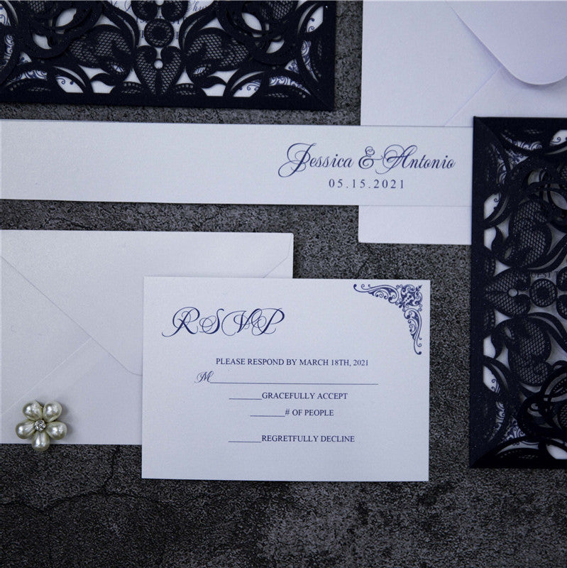 Navy Blue Floral Laser Cut Invitation (Ready 2 GO Set)