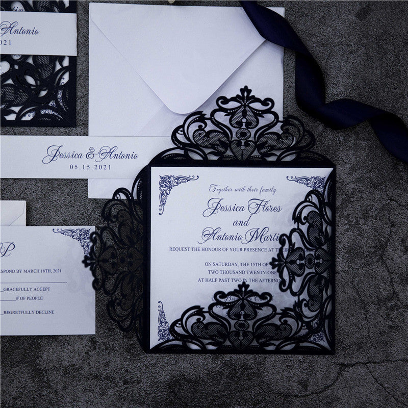 Navy Blue Floral Laser Cut Invitation (Ready 2 GO Set)