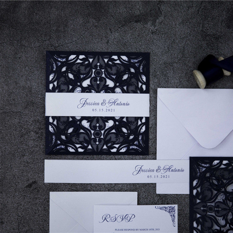 Navy Blue Floral Laser Cut Invitation (Ready 2 GO Set)