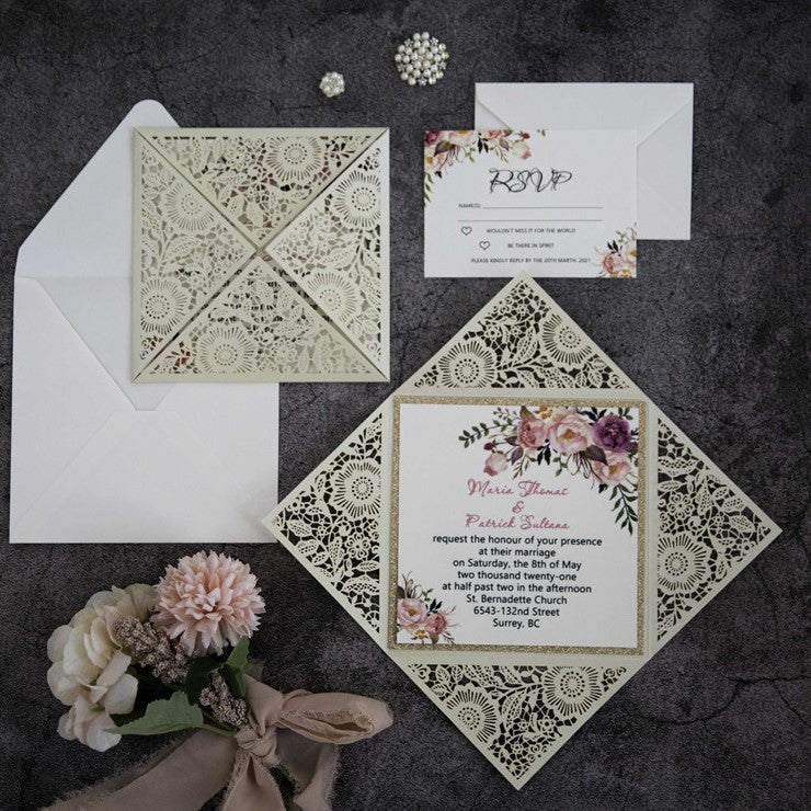 Cream Floral Laser Cut Invitation (Ready 2 GO Set)