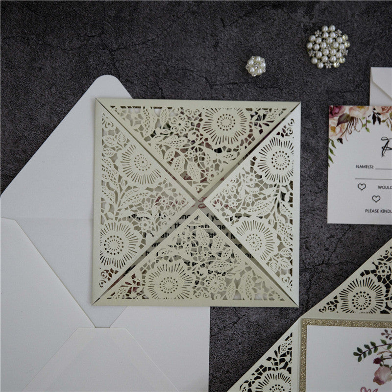 Cream Floral Laser Cut Invitation (Ready 2 GO Set)