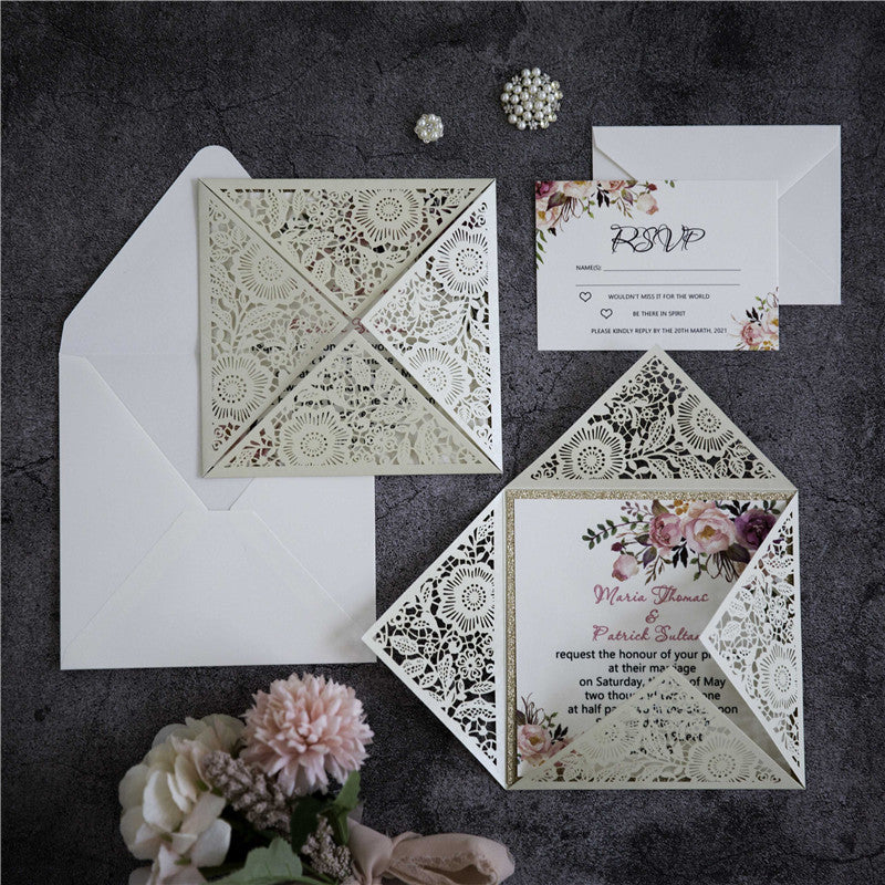 Cream Floral Laser Cut Invitation (Ready 2 GO Set)