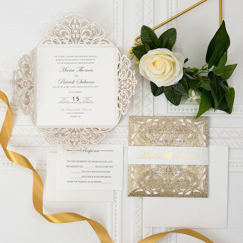 Rose Design Navy Tri-fold Laser Cut Invitation (Ready 2 GO Set)